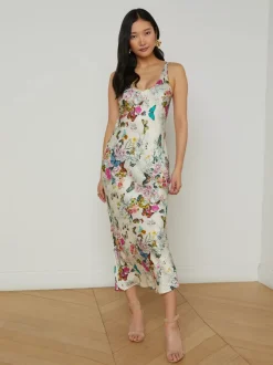 Akiya Satin Maxi Dress in vintage butterfly