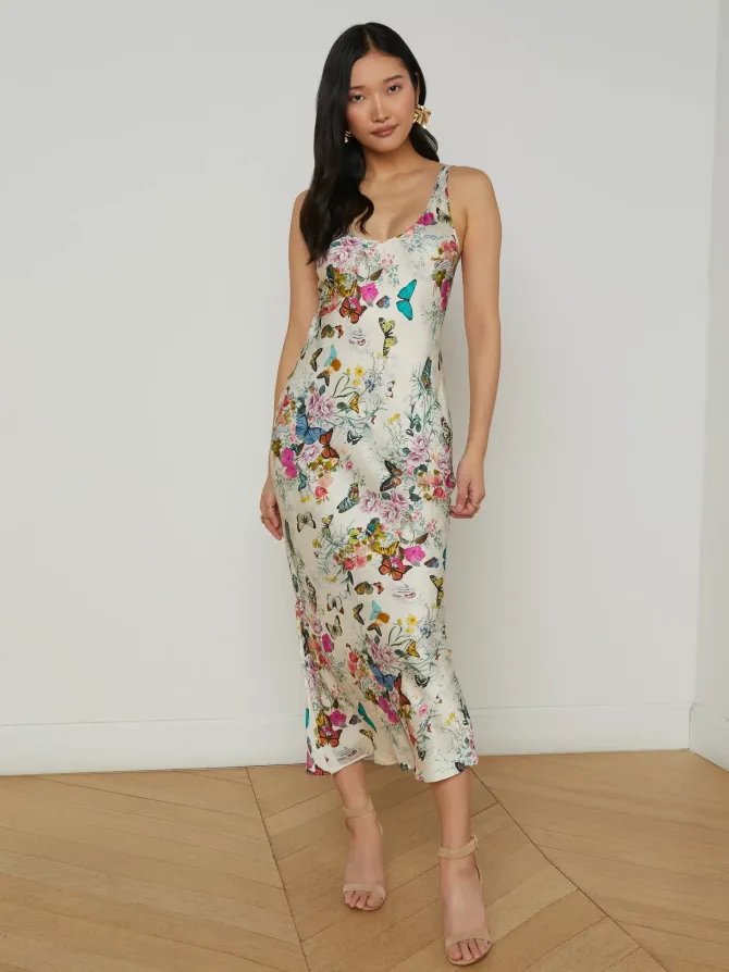 Akiya Satin Maxi Dress in vintage butterfly