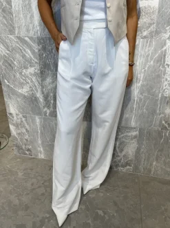 Darren Wide Linen Pant in White -XS
