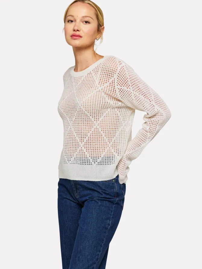 Diamond Pointelle Crew Top in white