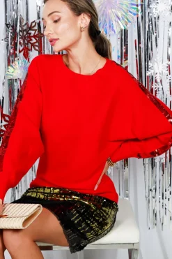 IYANA SEQUIN DETAIL SWEATER IN RED – Large