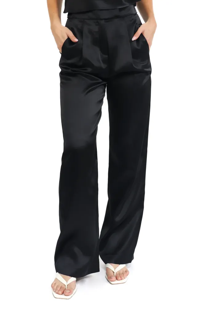 Nathalie Wide Leg Silk Pants – Black