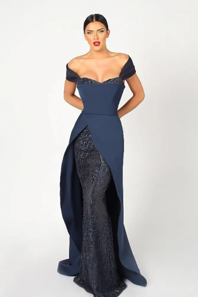 Navy Long Off The Shoulder Gown