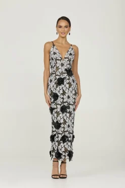 Norah Floral Column Gown in black/white