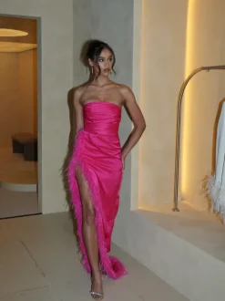 Perrin Fuchsia Pink Feather Dress High Slit Gown – XL