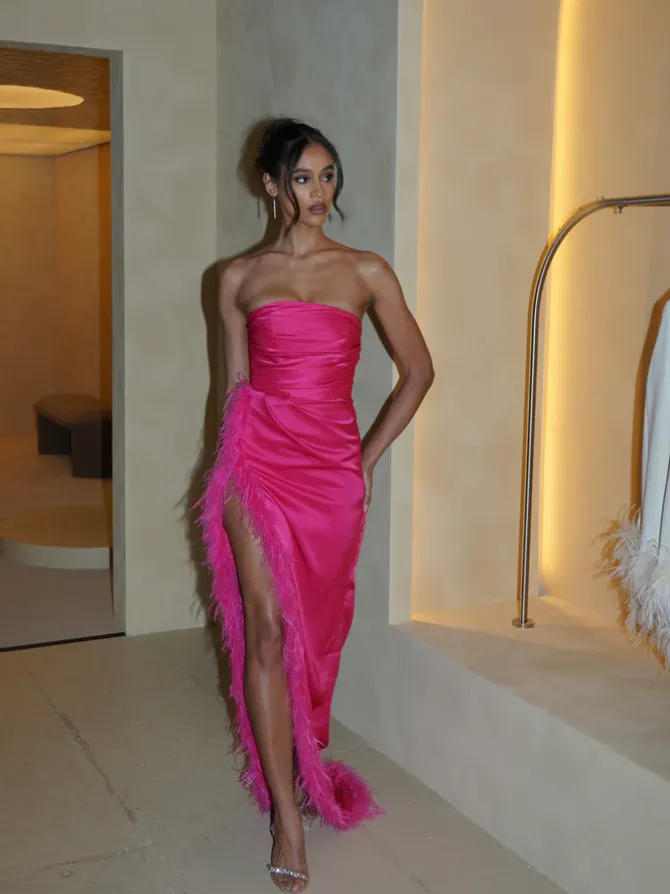 Perrin Fuchsia Pink Feather Dress High Slit Gown – XL
