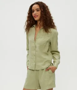 Spencer Linen Button Down Top in seacrest