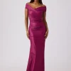Stretch Metallic Taffeta Off the Shoulder Gown