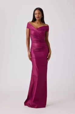 Stretch Metallic Taffeta Off the Shoulder Gown